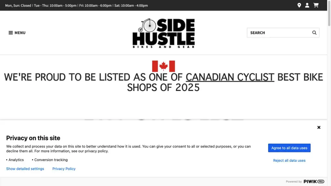 Side Hustle Bikes & Gear website homepage preview