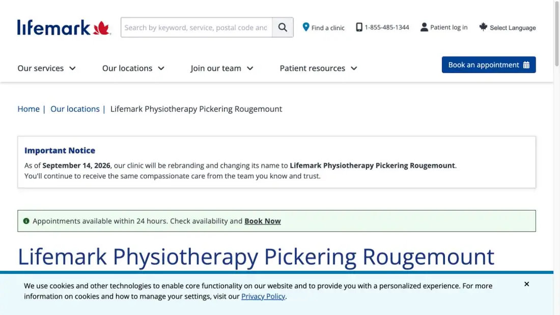 Pickering Physiotherapy Clinic website homepage preview