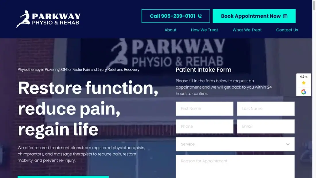 Parkway Physio & Rehab website homepage preview