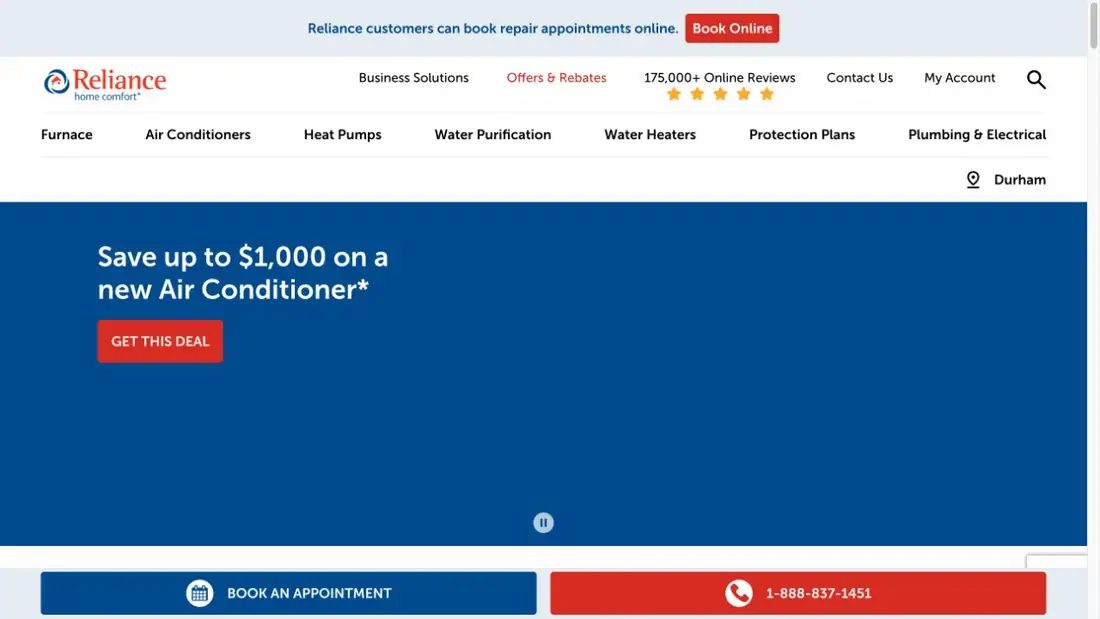 Reliance Heating, Air Conditioning & Plumbing website homepage preview