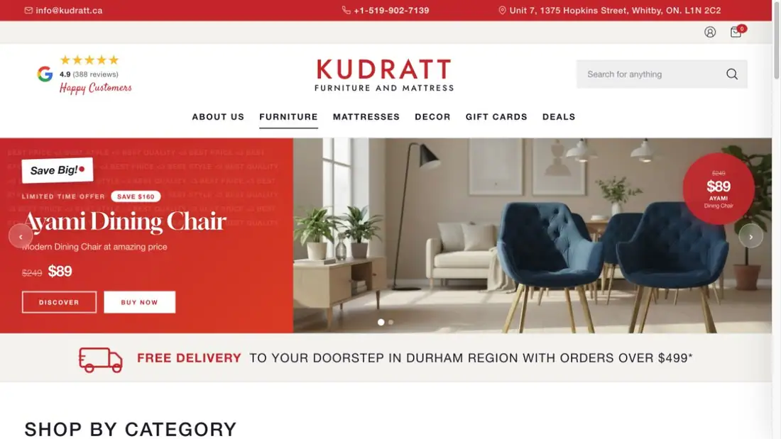 Kudratt Furniture and Mattress website homepage preview