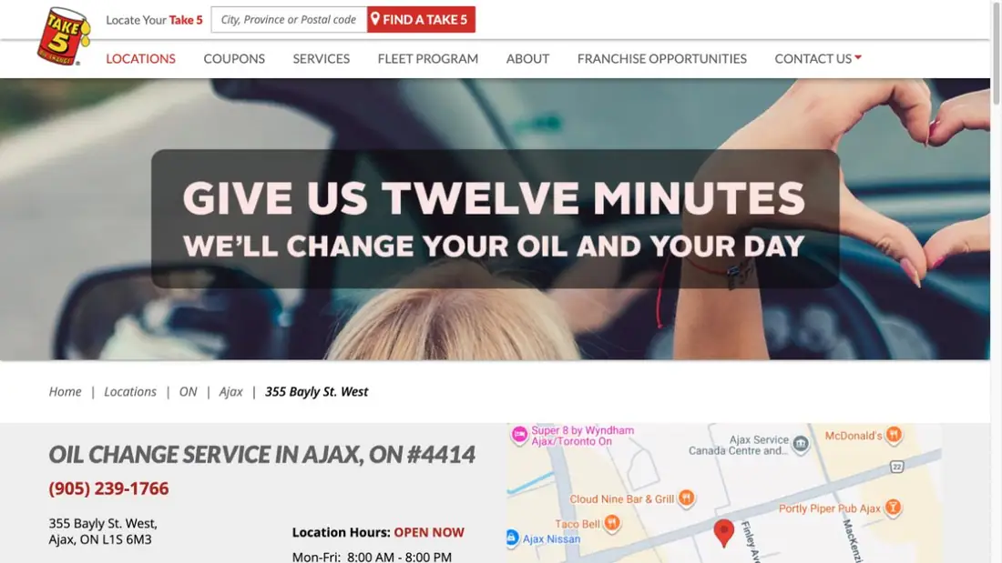 Take 5 Oil Change - Ajax website homepage preview