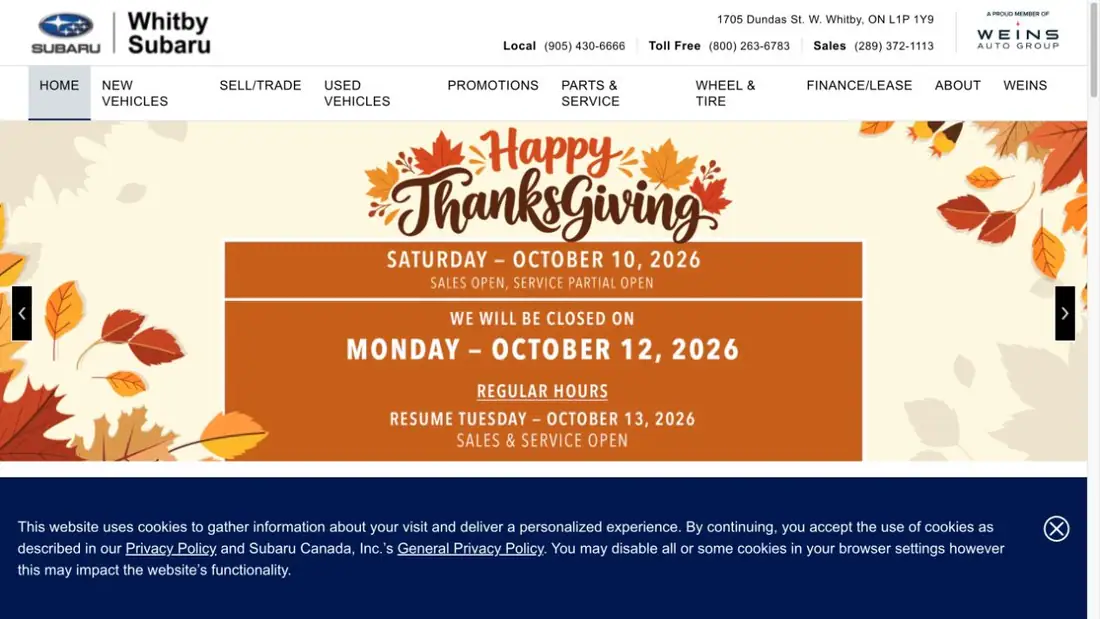 Whitby Subaru website homepage preview