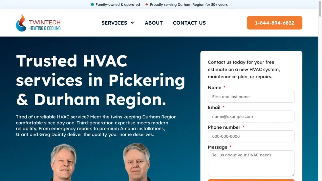 TwinTech Heating & Cooling website homepage preview