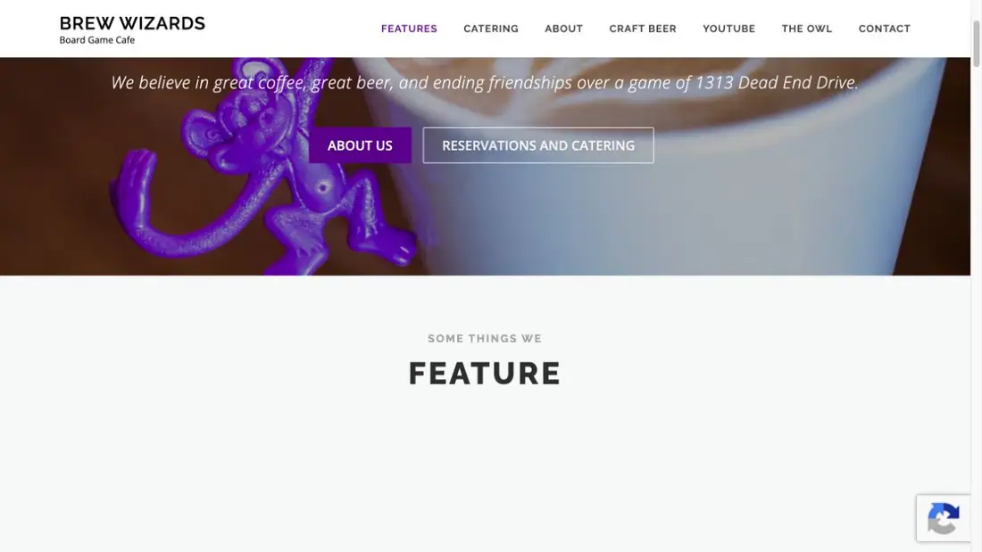 Brew Wizards Board Game Café website homepage preview