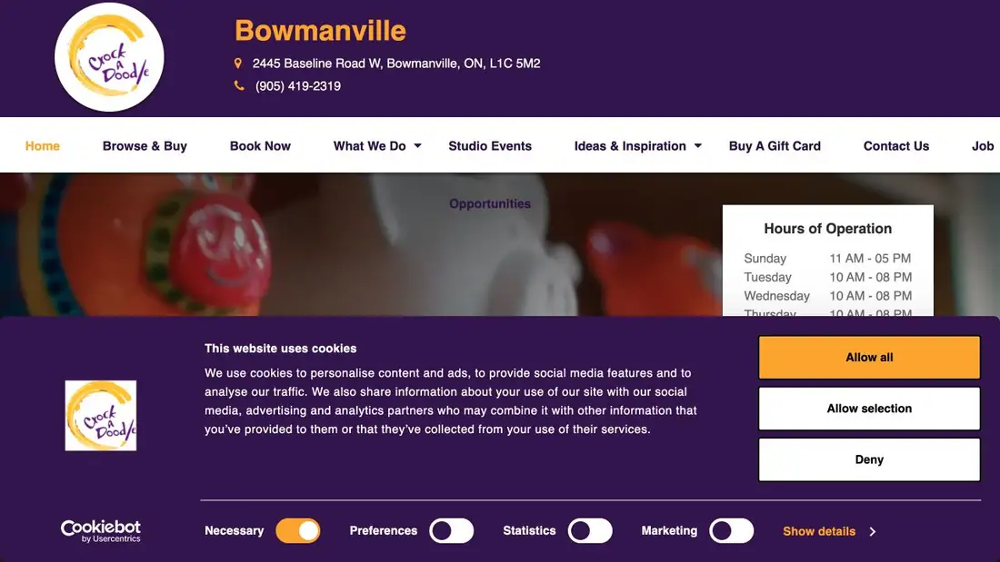 Crock A Doodle Bowmanville website homepage preview