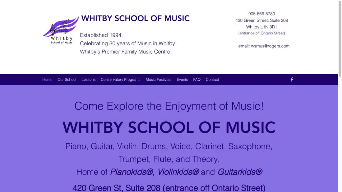Whitby School of Music website homepage preview