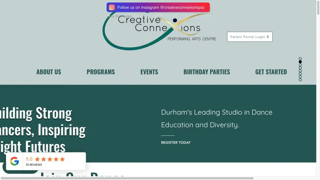 Creative Connexions Performing Arts Centre website homepage preview