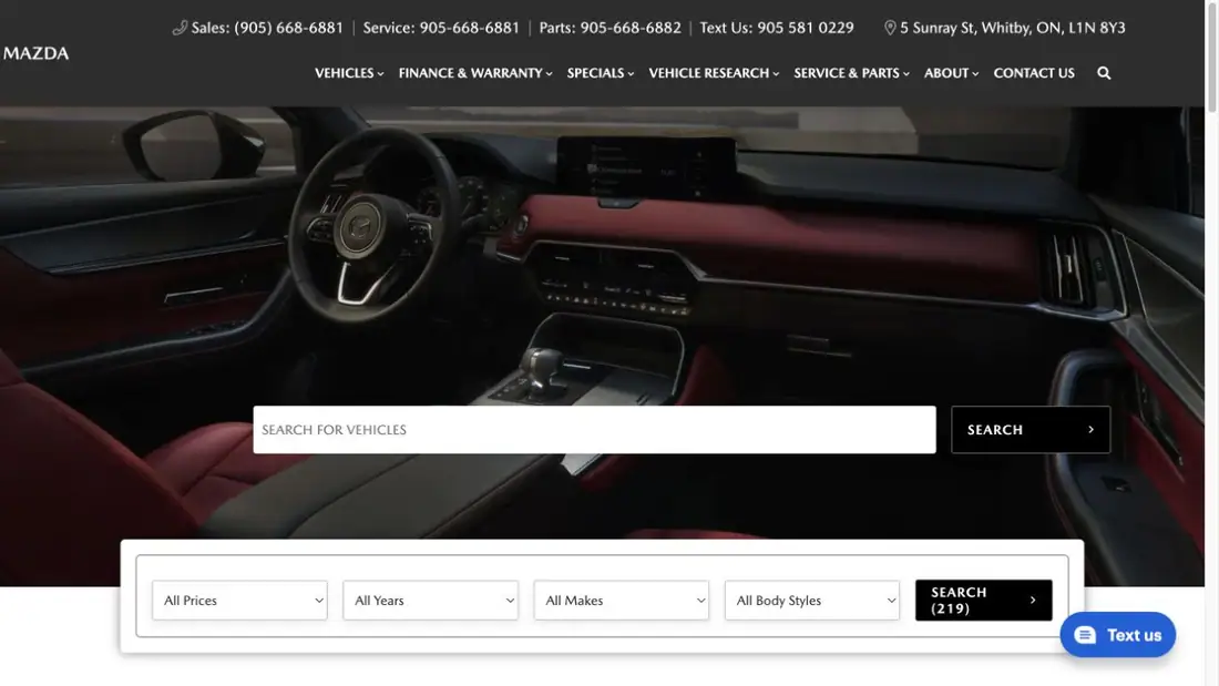 Whitby Mazda website homepage preview