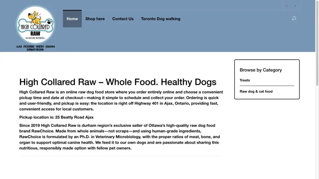 High Collared Raw Dog Food website homepage preview