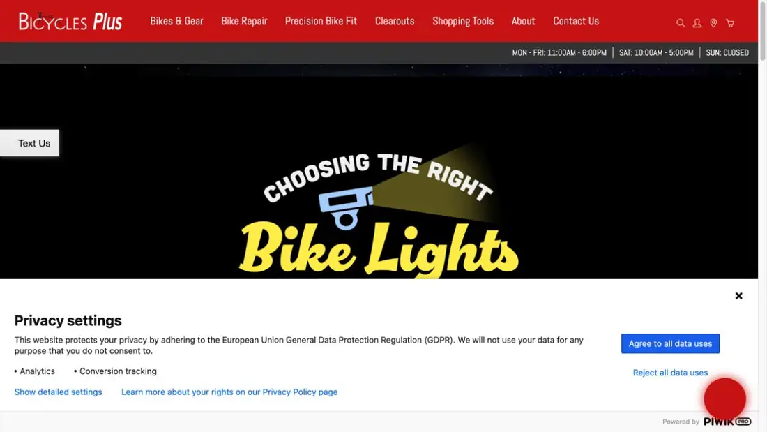 Bicycles Plus website homepage preview
