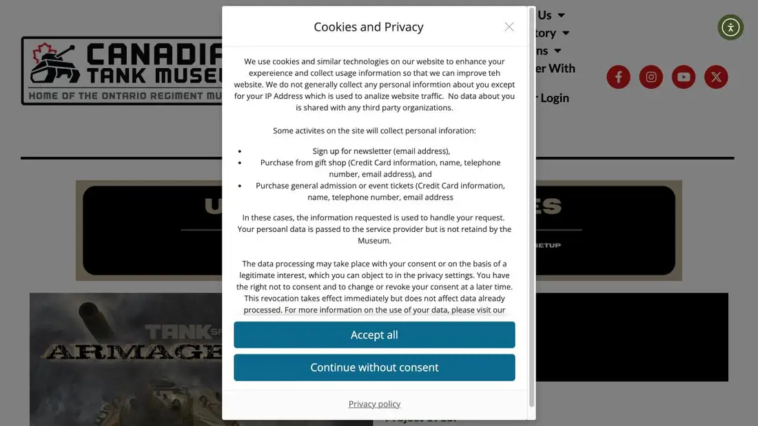 Canadian Tank Museum / Ontario Regiment Museum website homepage preview