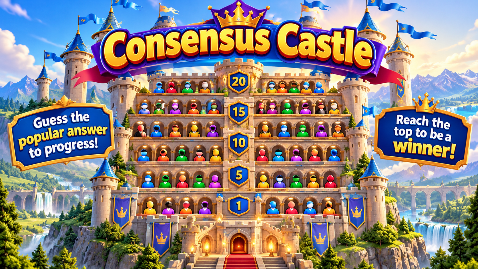 Consensus Castle: guess the popular answer to progress through levels 1, 5, 10, 15 and 20. Reach the top to be a winner!